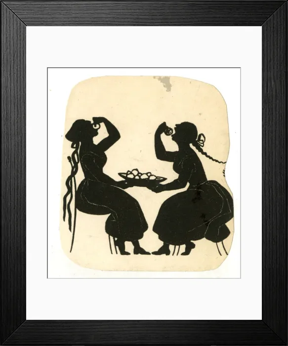 Framed Print : Silhouette, Two seated women eating from a bowl of fruit Framed Print : Silhouette, Two seated women eating from a bowl of fruit