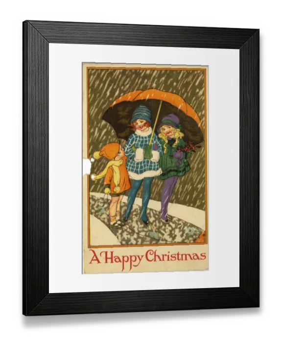 Framed Print : Christmas card, children under umbrella in snow Framed Print : Christmas card, children under umbrella in snow