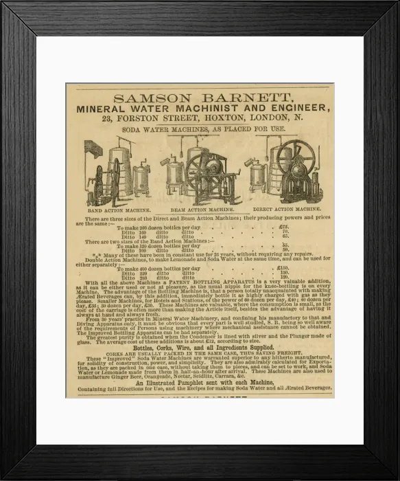 Framed Print : Advert, Samson Barnett Mineral Water Machinist and Engineer Framed Print : Advert, Samson Barnett Mineral Water Machinist and Engineer