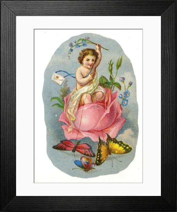 Framed Print : Label, Cherub with Love Letter riding in a rose Framed Print : Label, Cherub with Love Letter riding in a rose
