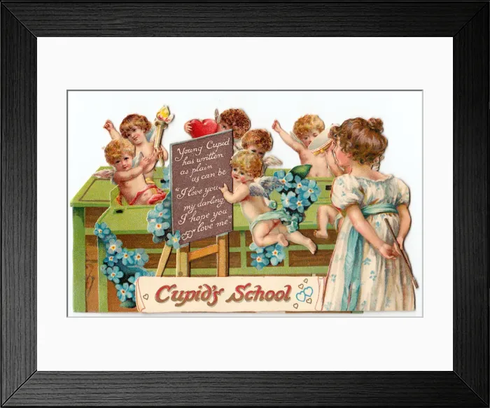 Framed Print : Cupids at school with hearts and flowers on a Valentine card Framed Print : Cupids at school with hearts and flowers on a Valentine card