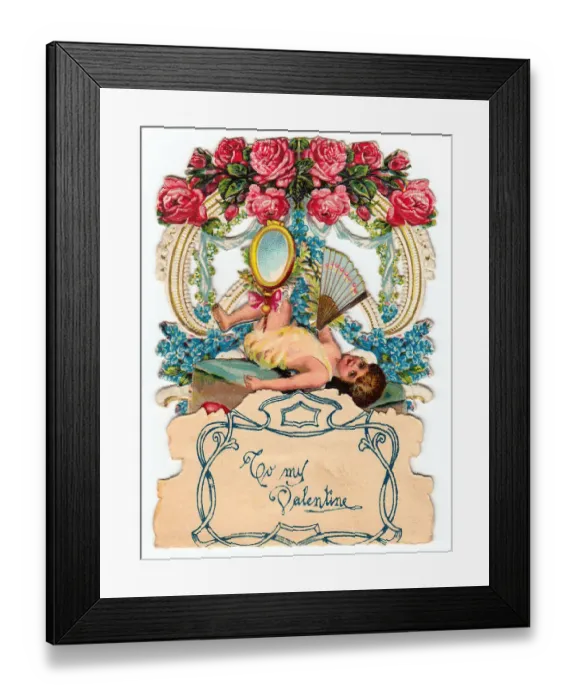 Framed Print : Cupid with flowers and fan on a Valentine card Framed Print : Cupid with flowers and fan on a Valentine card