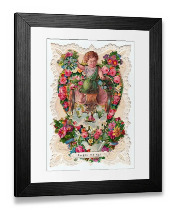 Framed Print : Cupid in a chariot with flowers on a Valentine card Framed Print : Cupid in a chariot with flowers on a Valentine card