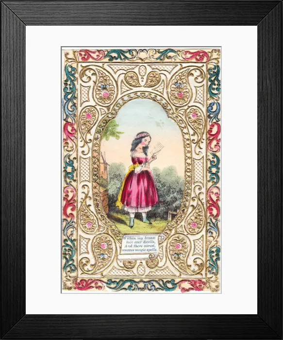 Framed Print : Lady in a garden on a romantic greetings card Framed Print : Lady in a garden on a romantic greetings card
