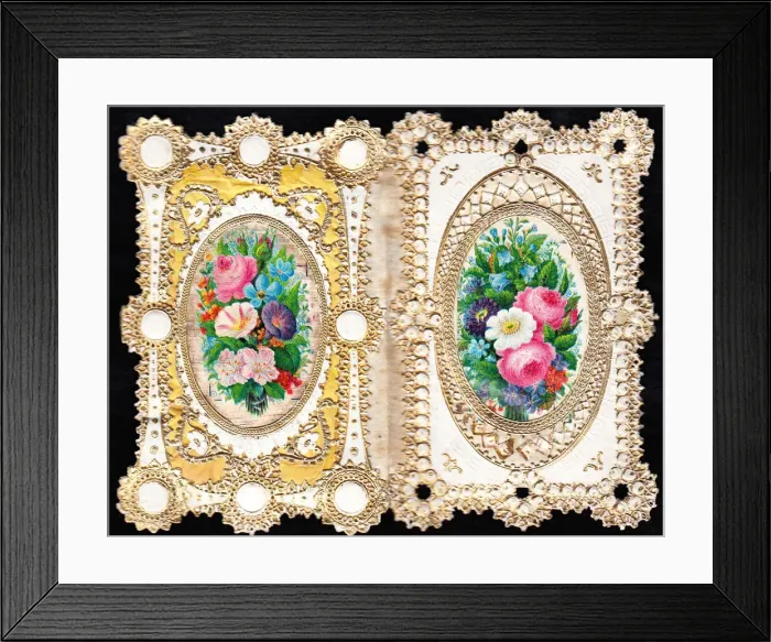 Framed Print : Assorted flowers on a two-part romantic greetings card Framed Print : Assorted flowers on a two-part romantic greetings card