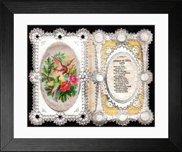 Framed Print : Birds and flowers on a two-part romantic greetings card Framed Print : Birds and flowers on a two-part romantic greetings card