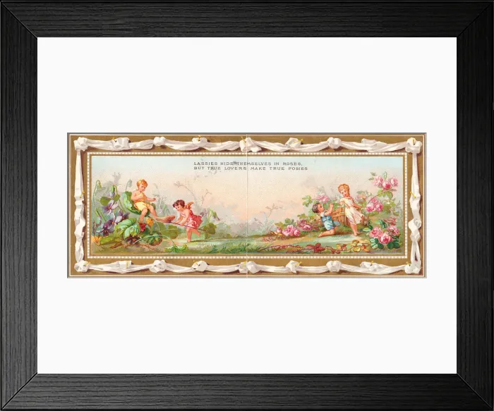 Framed Print : Cupids in a garden on a panoramic Valentine card Framed Print : Cupids in a garden on a panoramic Valentine card