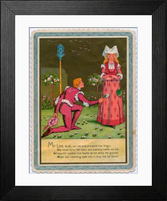 Framed Print : Medieval couple in a garden on a Valentine card Framed Print : Medieval couple in a garden on a Valentine card