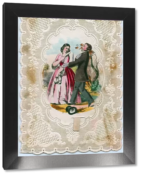 Couple on a paper lace romantic card with pull tab