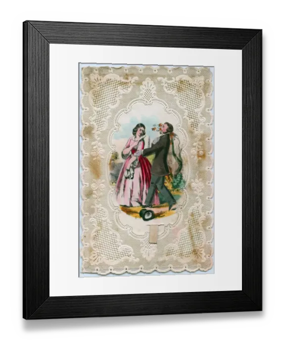 Framed Print : Couple on a paper lace romantic card with pull tab Framed Print : Couple on a paper lace romantic card with pull tab