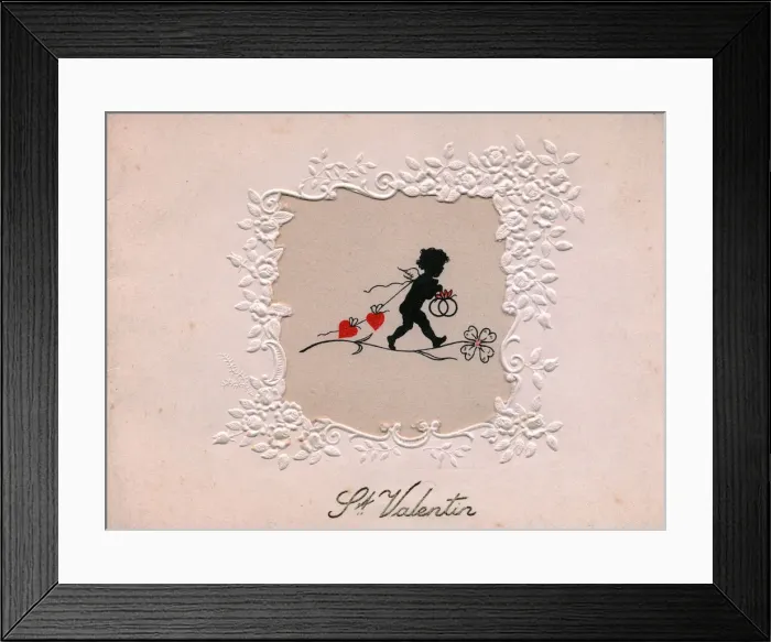 Framed Print : Silhouette of a cupid on a French Valentine card Framed Print : Silhouette of a cupid on a French Valentine card
