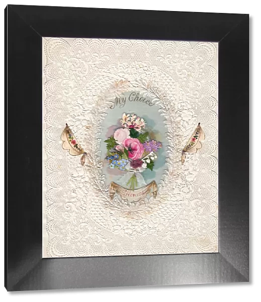 Bouquet of flowers on a paper lace romantic card
