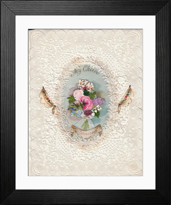 Framed Print : Bouquet of flowers on a paper lace romantic card Framed Print : Bouquet of flowers on a paper lace romantic card