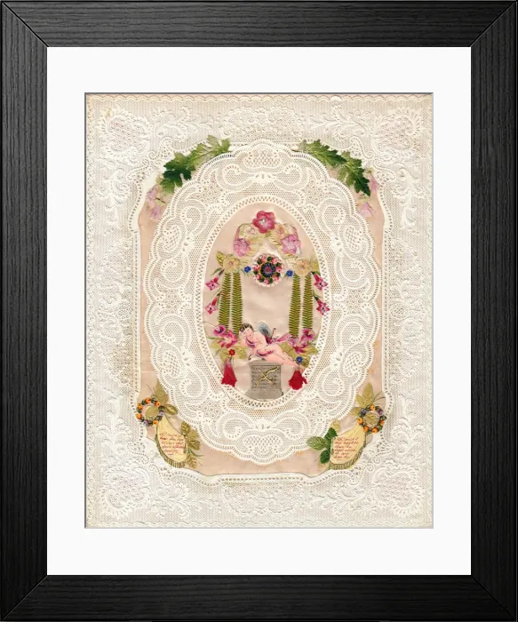 Framed Print : Sleeping cupid with flowers on a paper lace romantic card Framed Print : Sleeping cupid with flowers on a paper lace romantic card