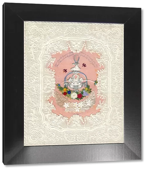 Flowers, fountain and birds on a paper lace romantic card