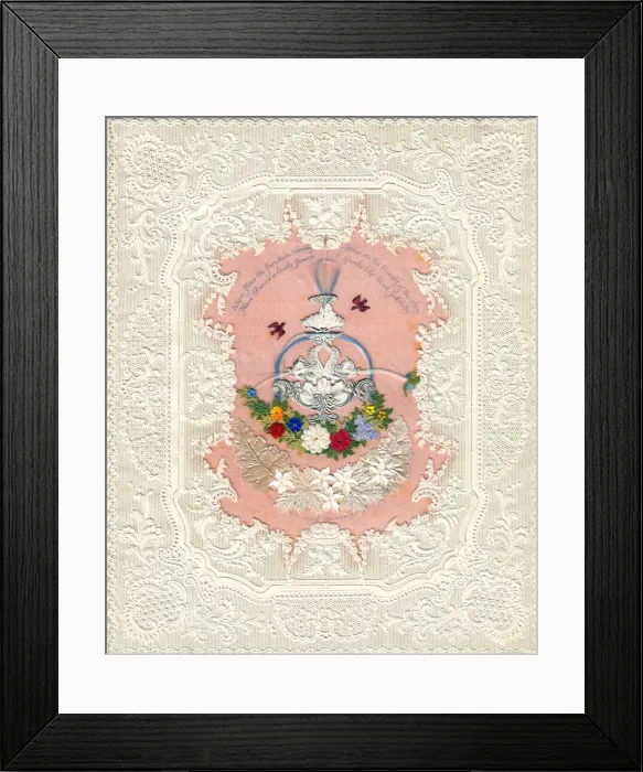Framed Print : Flowers, fountain and birds on a paper lace romantic card Framed Print : Flowers, fountain and birds on a paper lace romantic card