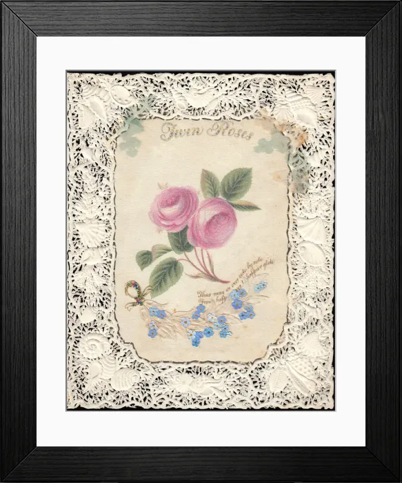 Framed Print : Pink and blue flowers on a paper lace romantic card Framed Print : Pink and blue flowers on a paper lace romantic card