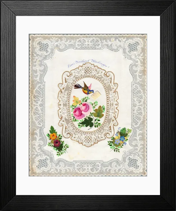 Framed Print : Flowers and bird on a paper lace romantic card Framed Print : Flowers and bird on a paper lace romantic card