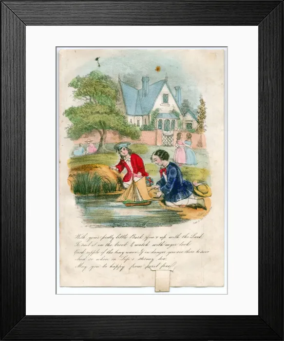 Framed Print : Boys sailing a model boat on a greetings card Framed Print : Boys sailing a model boat on a greetings card