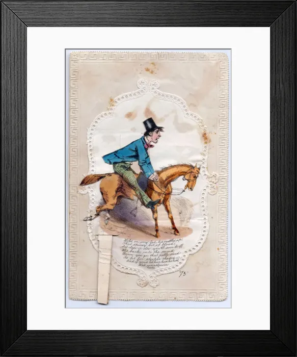 Framed Print : Man on an unruly horse on a comic greetings card Framed Print : Man on an unruly horse on a comic greetings card
