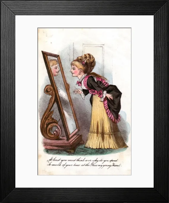 Framed Print : Vain woman at a mirror on a comic greetings card Framed Print : Vain woman at a mirror on a comic greetings card
