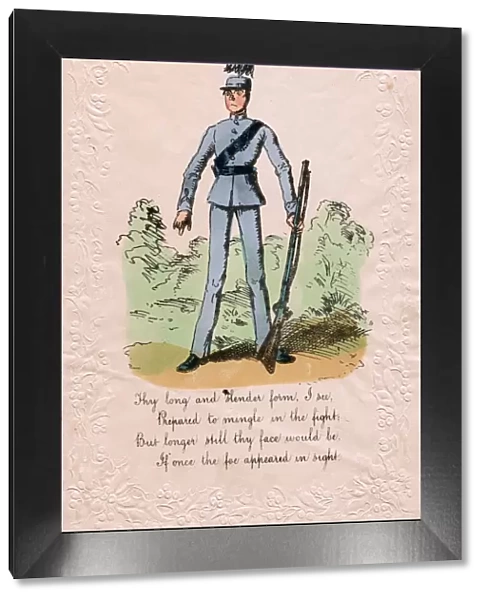 Skinny soldier on a comic greetings card