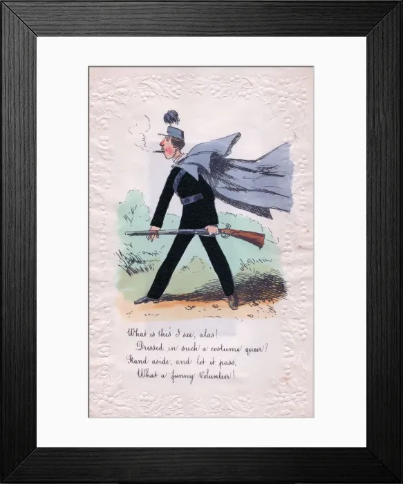 Framed Print : Volunteer soldier with rifle on a comic greetings card Framed Print : Volunteer soldier with rifle on a comic greetings card