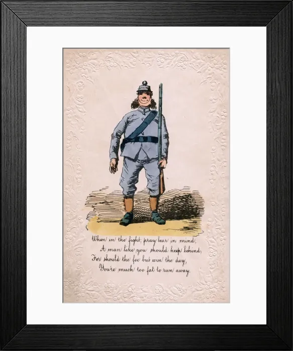 Framed Print : Overweight soldier on a comic greetings card Framed Print : Overweight soldier on a comic greetings card