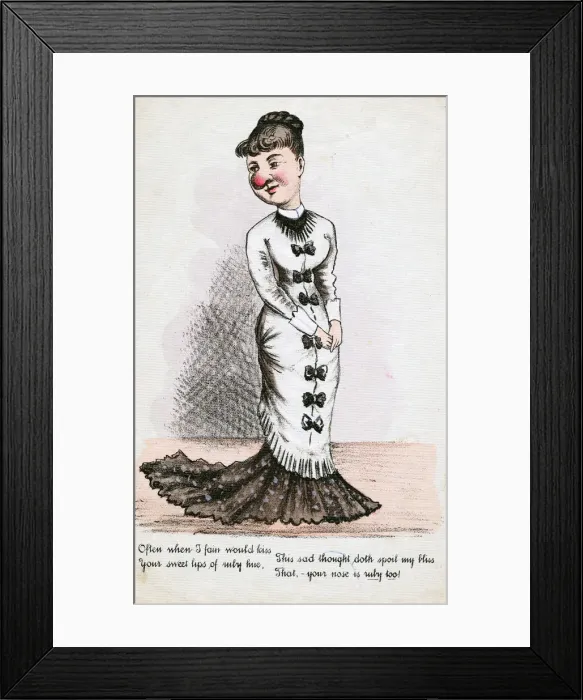 Framed Print : Woman with a large red nose on a comic greetings card Framed Print : Woman with a large red nose on a comic greetings card