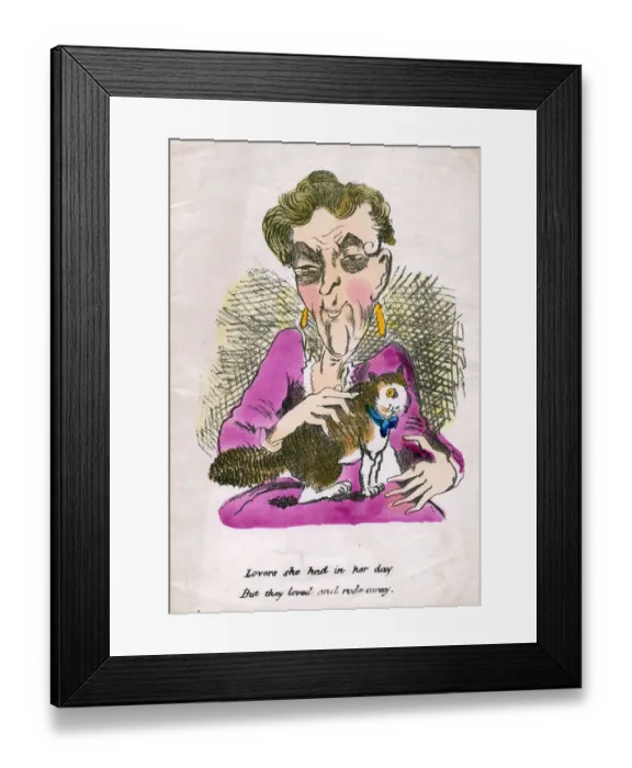 Framed Print : Old maid with cat on a comic greetings card Framed Print : Old maid with cat on a comic greetings card