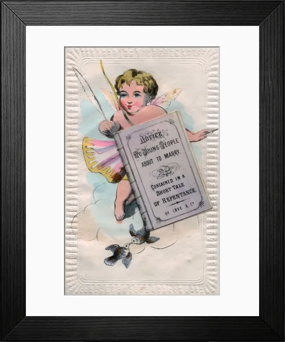 Framed Print : Cupid with good advice on a comic Valentine card