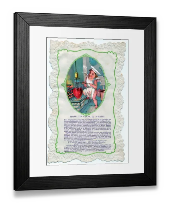 Framed Print : Cupid with cooking guidance on a comic Valentine card Framed Print : Cupid with cooking guidance on a comic Valentine card