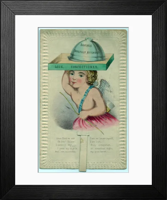 Framed Print : Cupid with baking tray on a Valentine card Framed Print : Cupid with baking tray on a Valentine card
