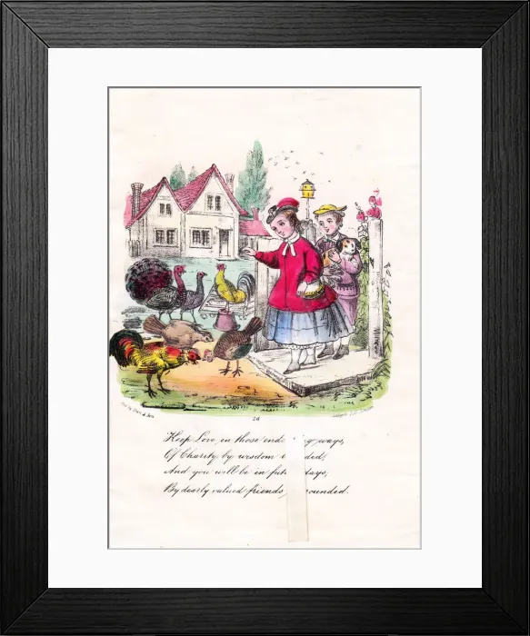 Framed Print : Couple feeding poultry on a greetings card Framed Print : Couple feeding poultry on a greetings card