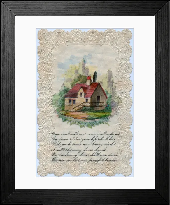 Framed Print : Country cottage and verse on a romantic greetings card Framed Print : Country cottage and verse on a romantic greetings card