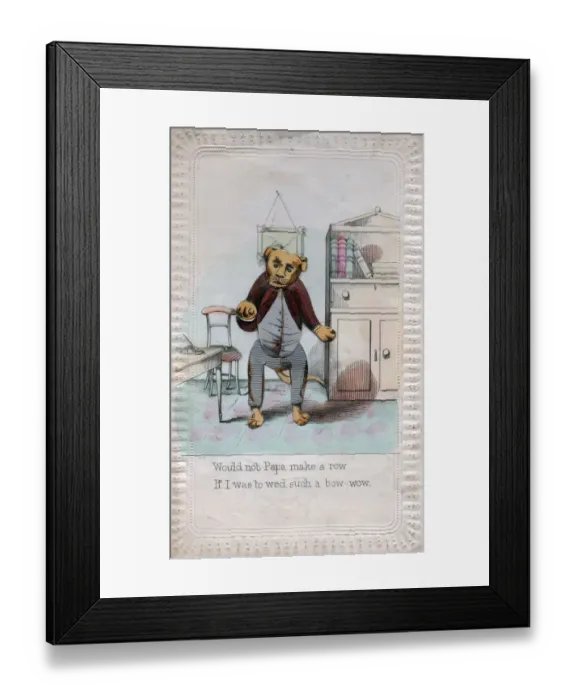 Framed Print : Dog in human clothing on a comic greetings card