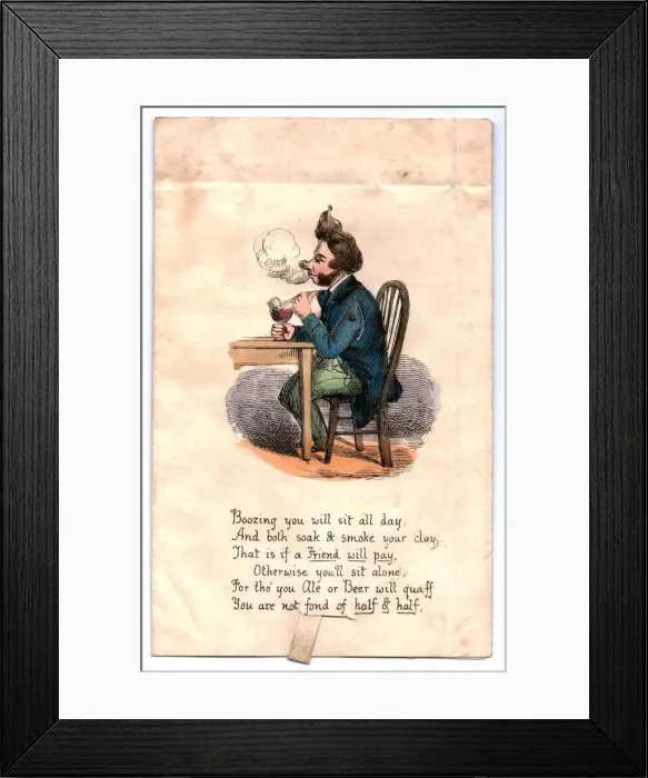 Framed Print : Single man drinking and smoking on a comic greetings card Framed Print : Single man drinking and smoking on a comic greetings card