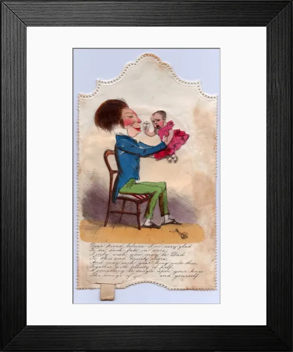 Framed Print : Man holding a baby on a comic congratulations card Framed Print : Man holding a baby on a comic congratulations card