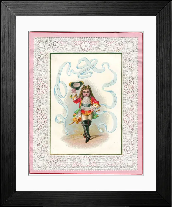 Framed Print : Cavalier soldier home from the war on a Valentine card Framed Print : Cavalier soldier home from the war on a Valentine card