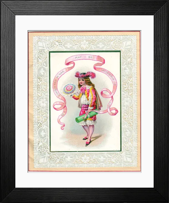 Framed Print : Stuart period soldier home from the war on a Valentine card Framed Print : Stuart period soldier home from the war on a Valentine card