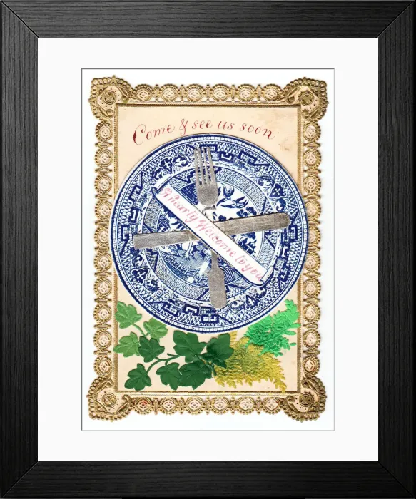 Framed Print : Blue and white plate with cutlery on a greetings card Framed Print : Blue and white plate with cutlery on a greetings card