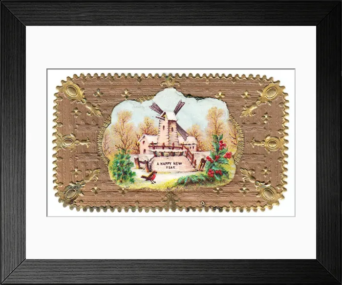 Framed Print : Robin and windmill in the snow on a New Year card Framed Print : Robin and windmill in the snow on a New Year card