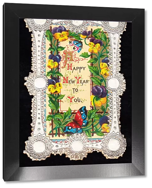 Pansies and butterflies on an ornate New Year card