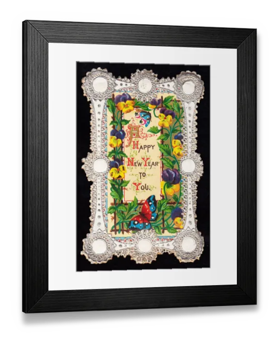 Framed Print : Pansies and butterflies on an ornate New Year card Framed Print : Pansies and butterflies on an ornate New Year card