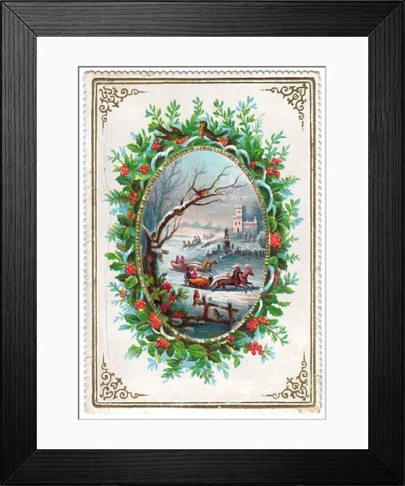 Framed Print : Robins, holly and snow scene on a Christmas card Framed Print : Robins, holly and snow scene on a Christmas card