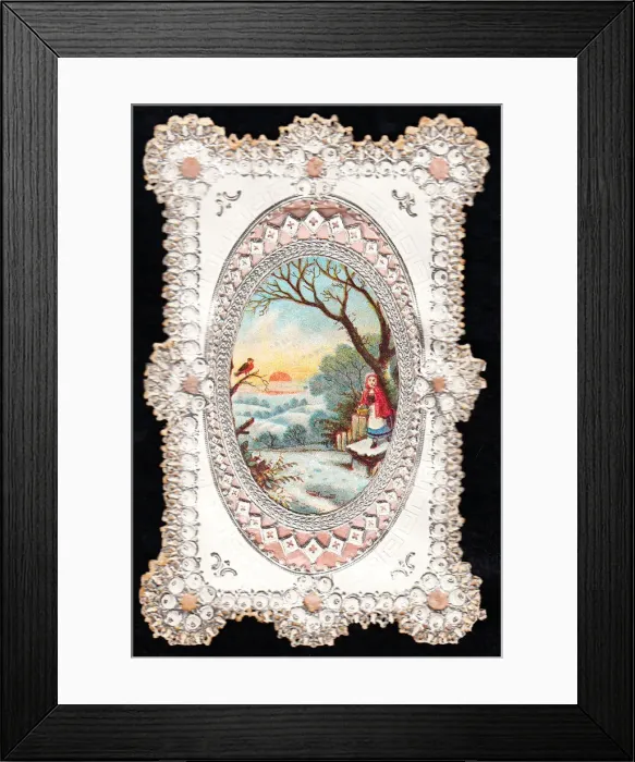 Framed Print : Girl, robin and snow scene on a Christmas card Framed Print : Girl, robin and snow scene on a Christmas card