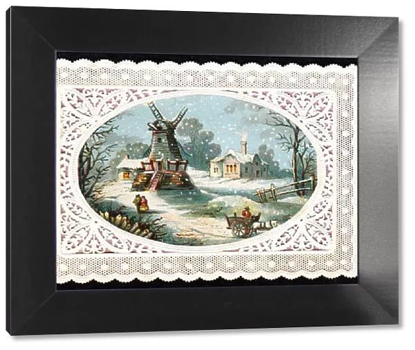 Snow scene with windmill on a Christmas card