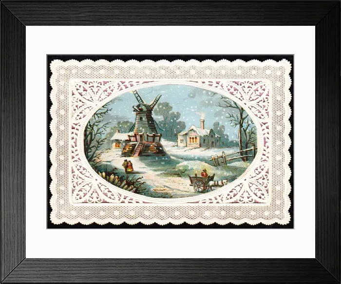 Framed Print : Snow scene with windmill on a Christmas card Framed Print : Snow scene with windmill on a Christmas card