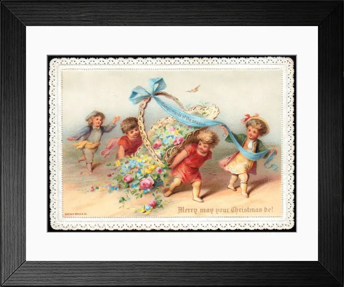 Framed Print : Children with a basket of flowers on a Christmas card Framed Print : Children with a basket of flowers on a Christmas card