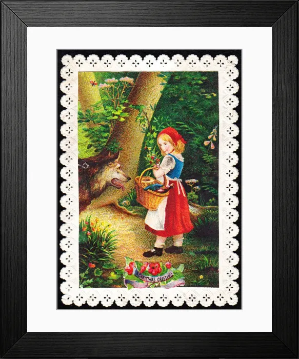 Framed Print : Little Red Riding Hood and wolf on a Christmas card Framed Print : Little Red Riding Hood and wolf on a Christmas card